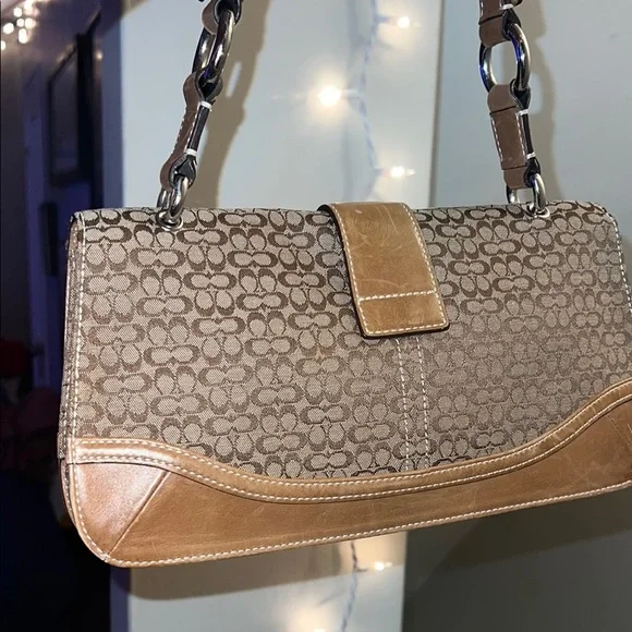 Coach Brown Leather Trim Shoulder Bag with Signature Monogram Soho Flap - Picture 3 of 8